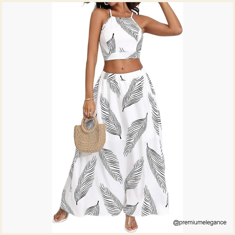 Small Polyester Tropical Print Criss Cross Crop Top Maxi Skirt Set